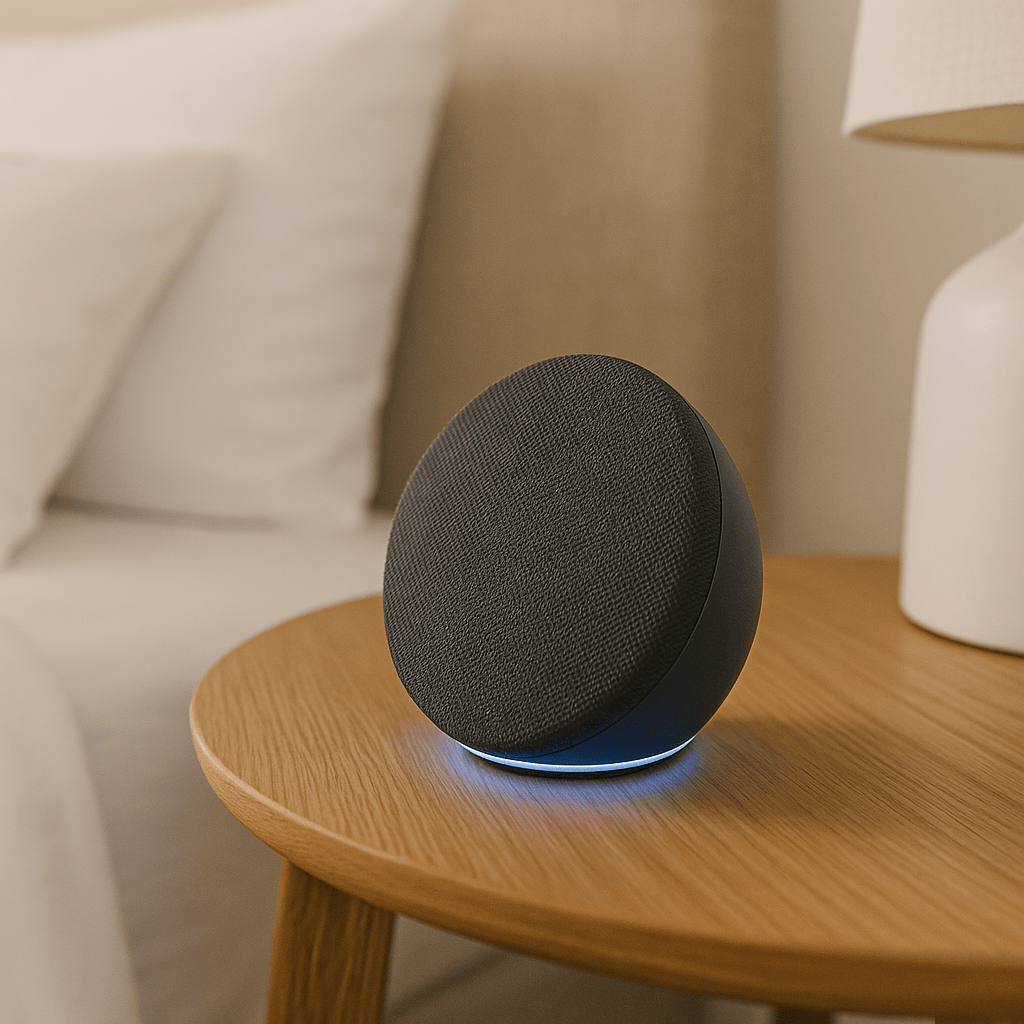 Echo Pop on a nightstand – small Alexa smart speaker used for music and voice control.